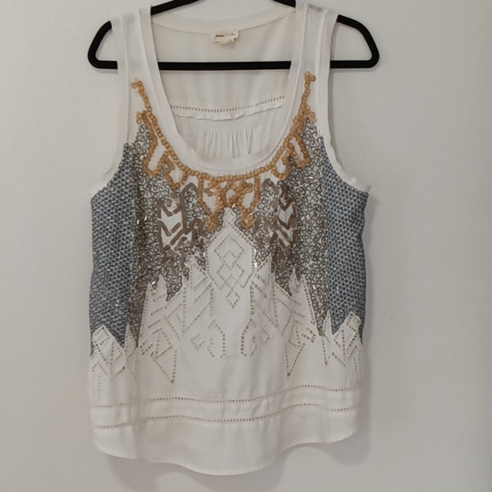 Anthropologie Meadow Rue Beaded Sequin Ivory Tank Large